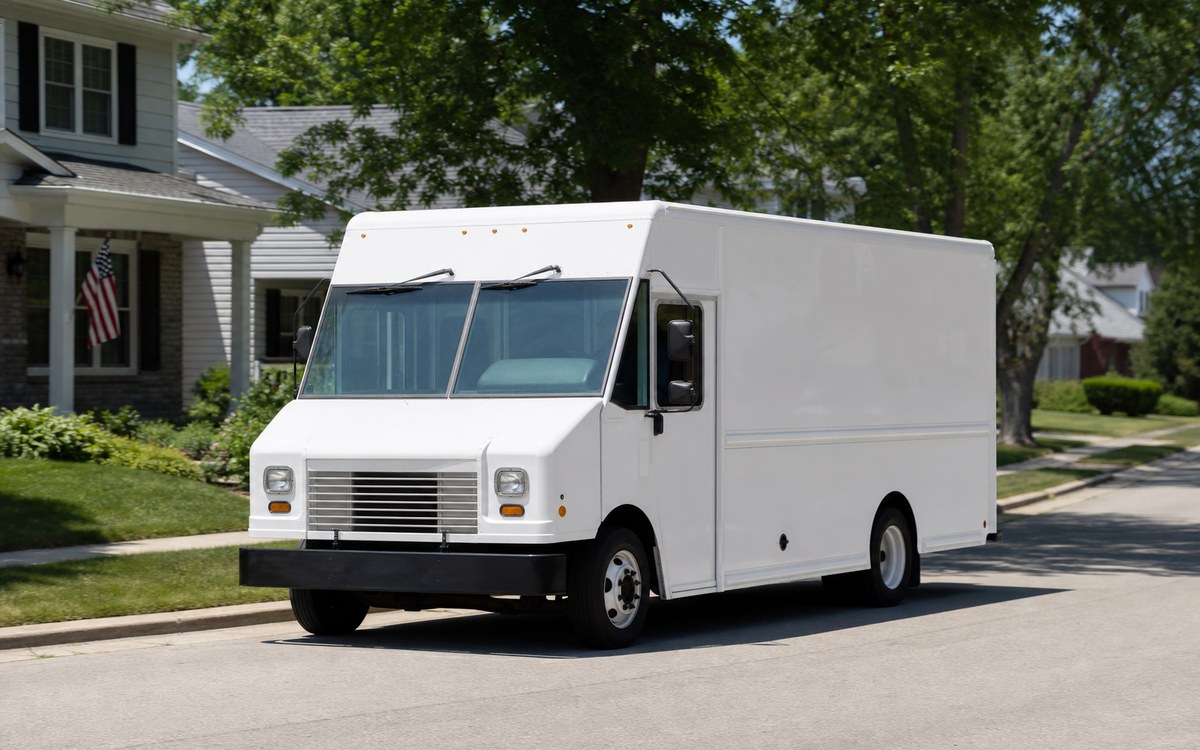 Delivery step van on a local route